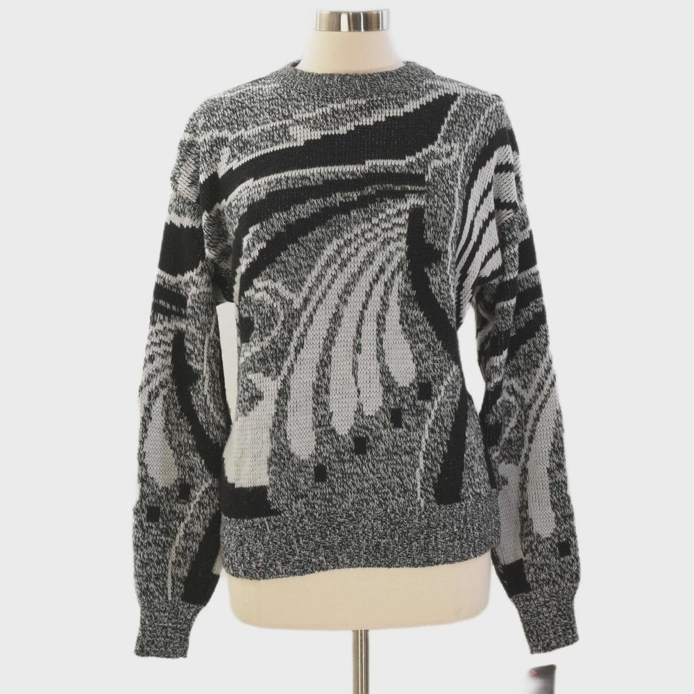 80s Vintage Art Deco Sweater Womens L Relaxed Fit Black White Heather Gray
